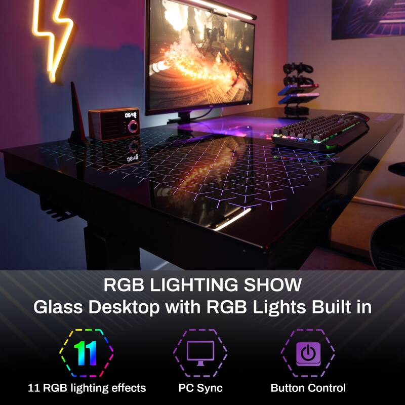 Eureka Ergonomic RGB Gaming Desk Built in PC Case, 55" Glass Electric Standing Desk Bed Bath